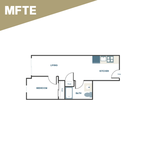 A floor plan of a small apartment with a bedroom, bathroom, living room, and kitchen.